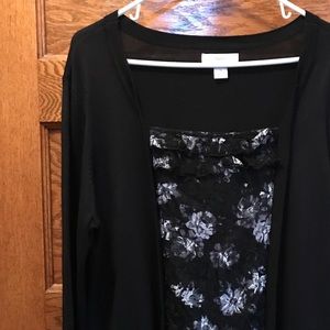 Black cardigan with black/white lace insert.